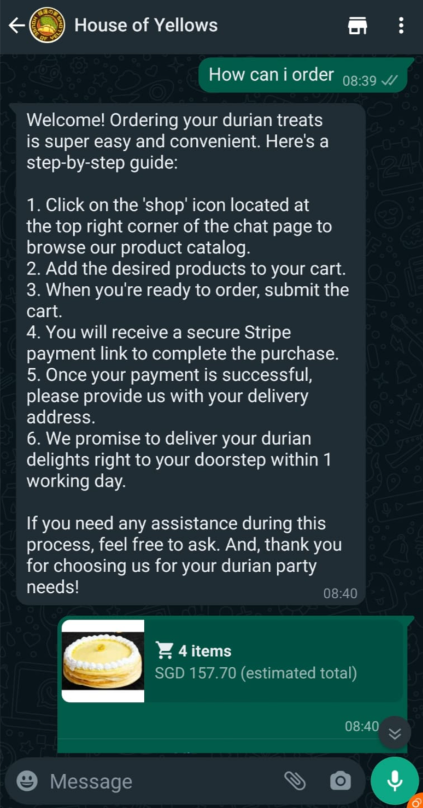 Mobile screenshot showing conversation of a customer and the AI Commerce on how can the customer make order