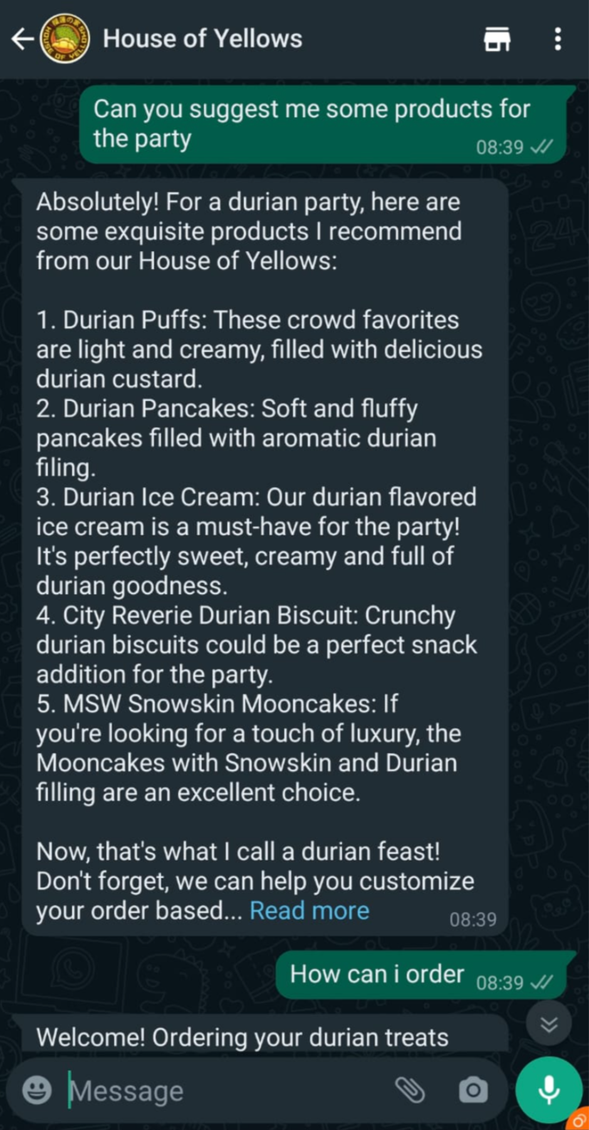 Mobile screenshot showing conversation of a customer and the AI Commerce on suggestions of products for a party