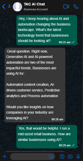 Mobile screenshot showing conversation of a customer and the AI Advisor asking about the latest technology trend.