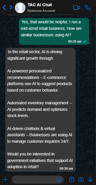 Mobile screenshot showing conversation of a customer and the AI Advisor asking about AI in business.