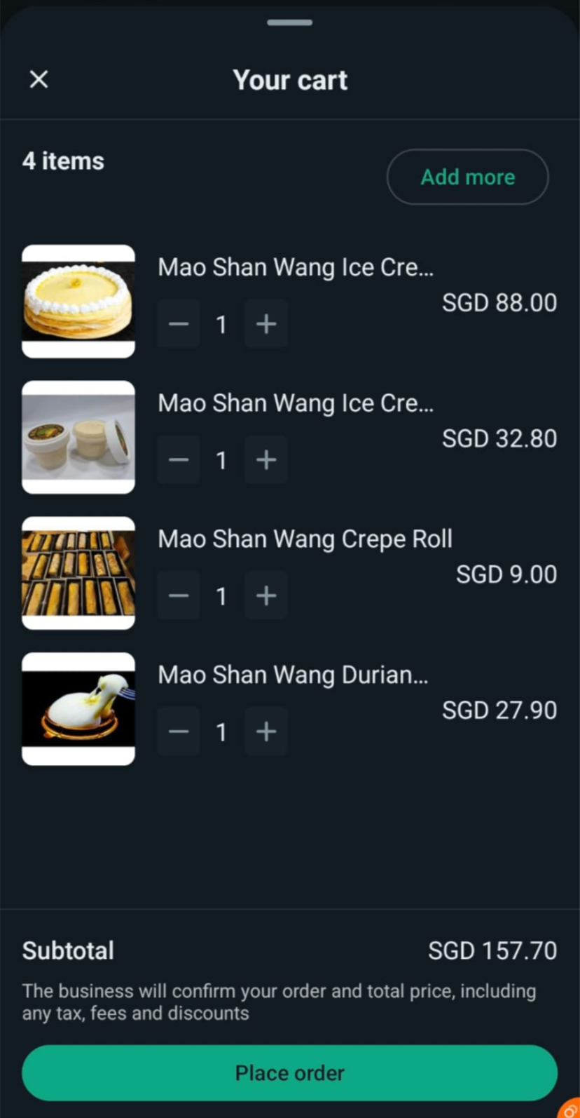 Mobile screenshot showing customer's cart with four items to place order