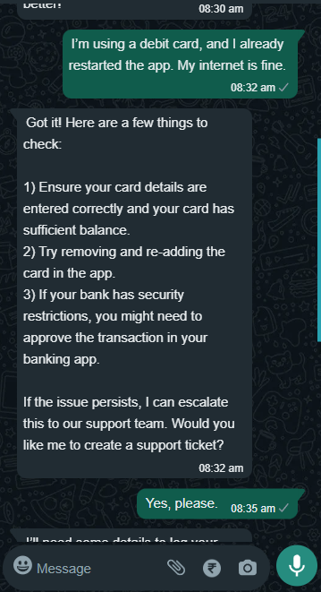 Mobile screenshot showing conversation of a customer and the AI Advisor asking about AI in business.