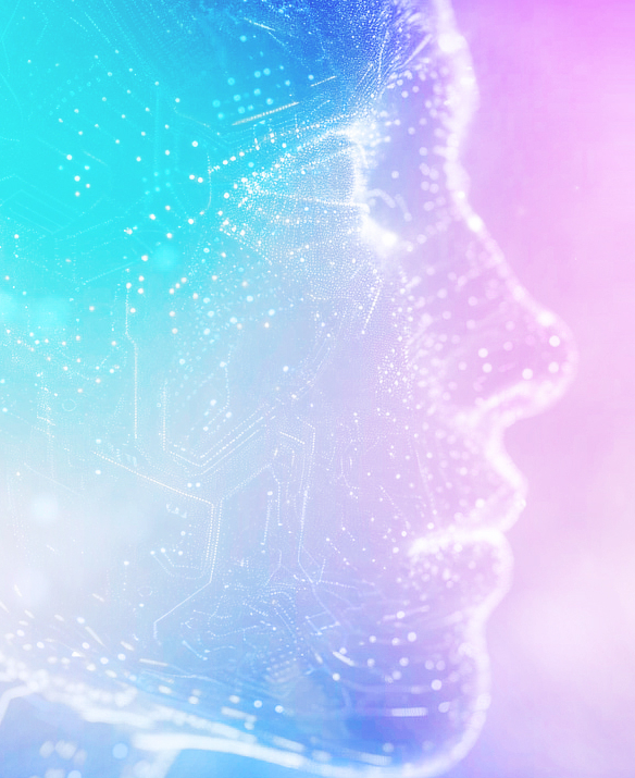 Right-side human face formed by white circuit dots, representing AI