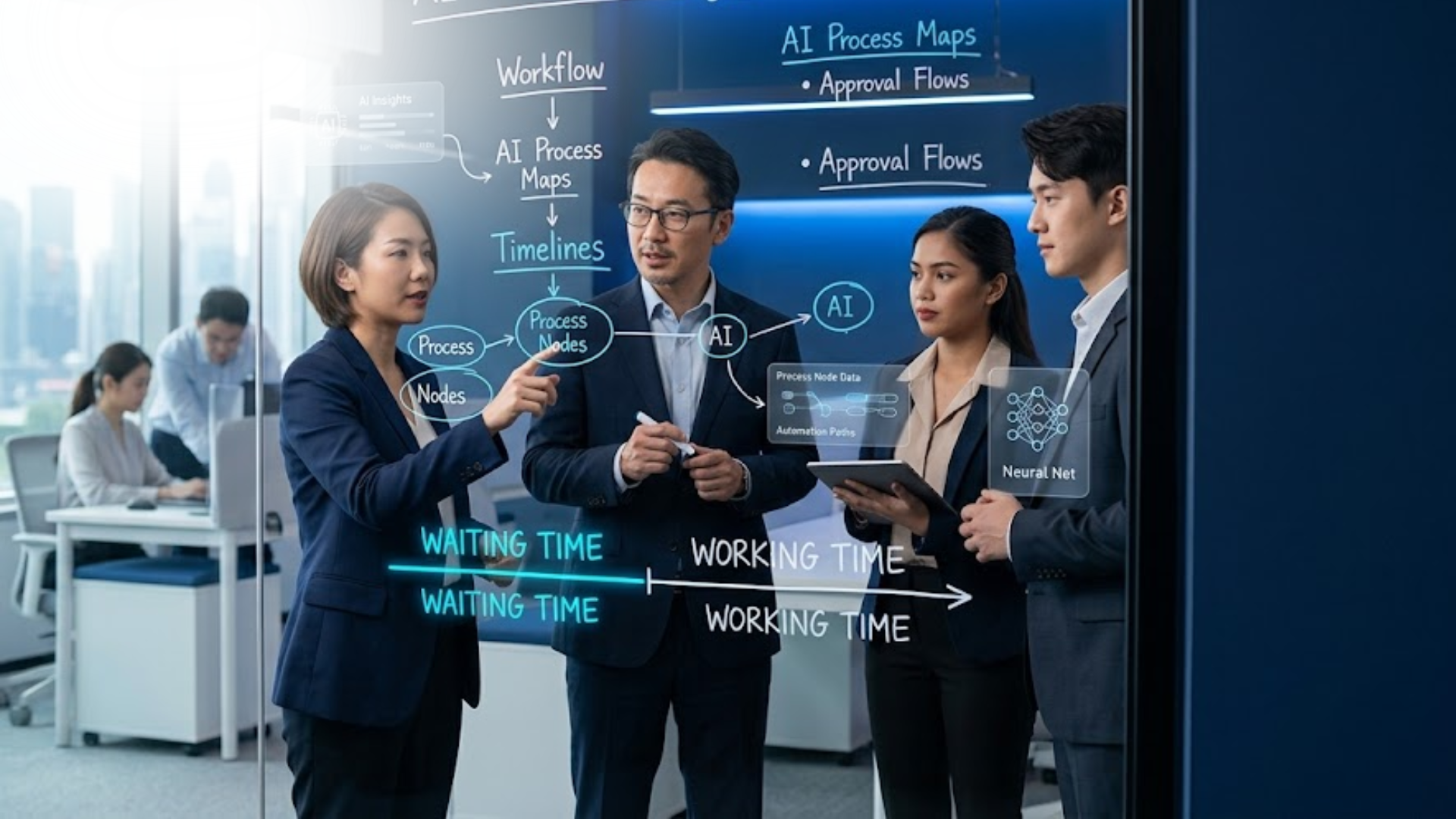 A team at a whiteboard running an AI process redesign, timing a business process with waiting time marked in a different colour from working time, during the Align stage of a Vision Academy AI Success Workshop